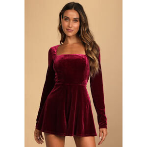 Lulus Feeling Cheery Burgundy Velvet Long Sleeve Tie-back Romper Red - Size M